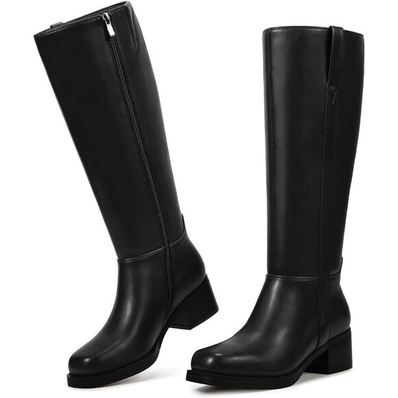 Shoes - Women’s Black Knee High Chunky Block Heel Square Toe Side Zipper Tall Boots